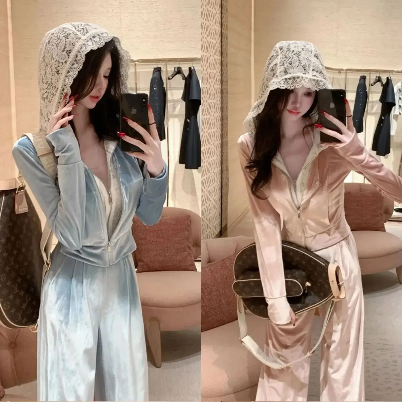Lace Patchwork Hoodie Long Sleeve High Waist Winter Casual Pants Two Piece Set Fake Two Piece Sweet Lazy Girl Style