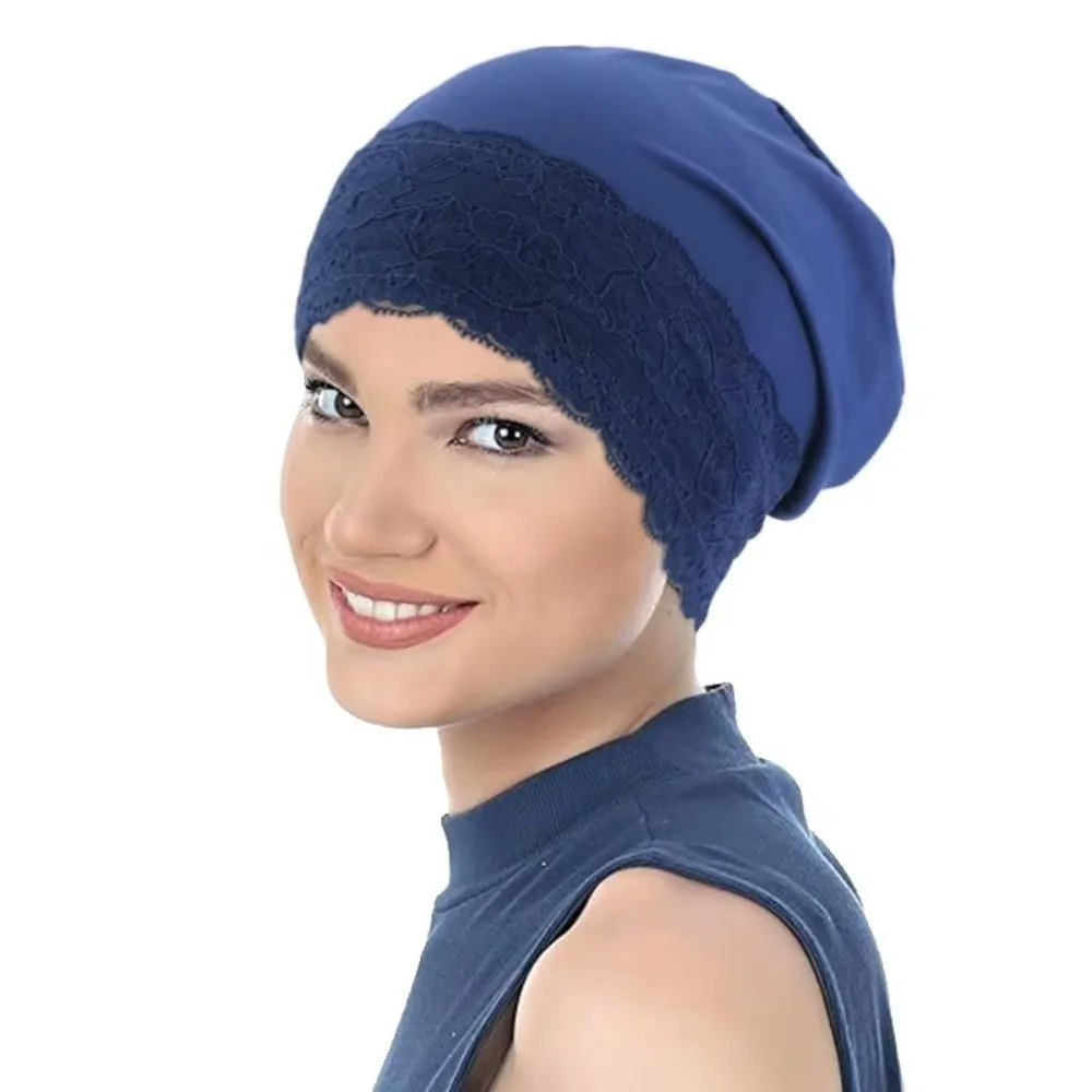 Lace Trim Slouchy Beanie Stretch Fit Breathable Fabric Turban Head Wrap Soft Elastic Lightweight Design Maternity Hat
