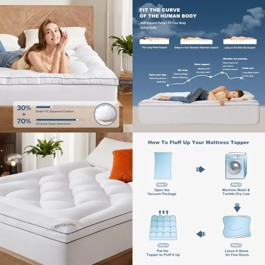 

King Mattress Topper, Thick Pillow Top Pad for Back Pain Relief, Cooling Soft Mattress Cover with Deep Pockets 6-18 inch