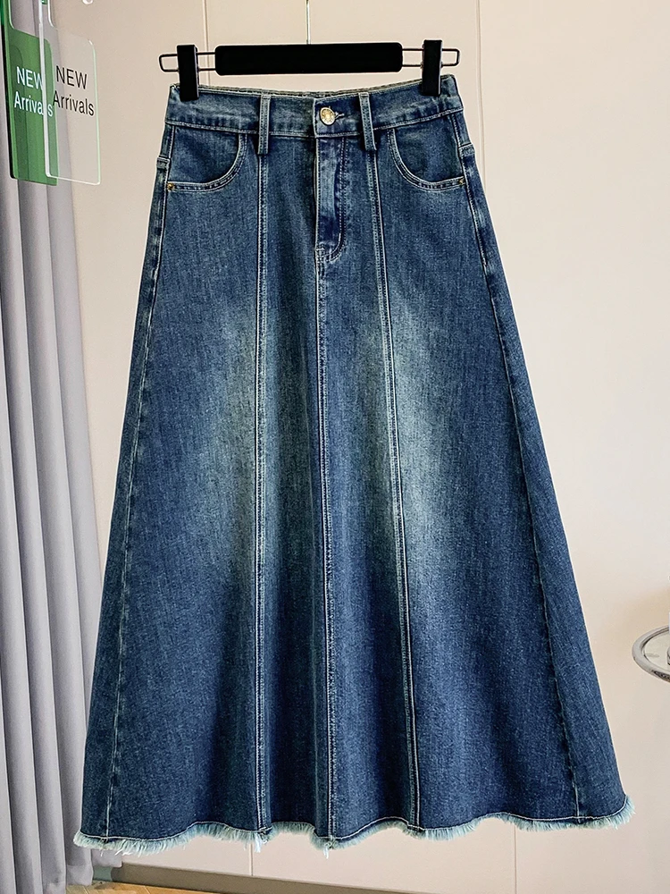 Fashionable Mid-Length A-Line Denim Skirt with Frayed Hem Elastic Waist plus Size Maternity Skirt Cover Belly Trendy Half-len...