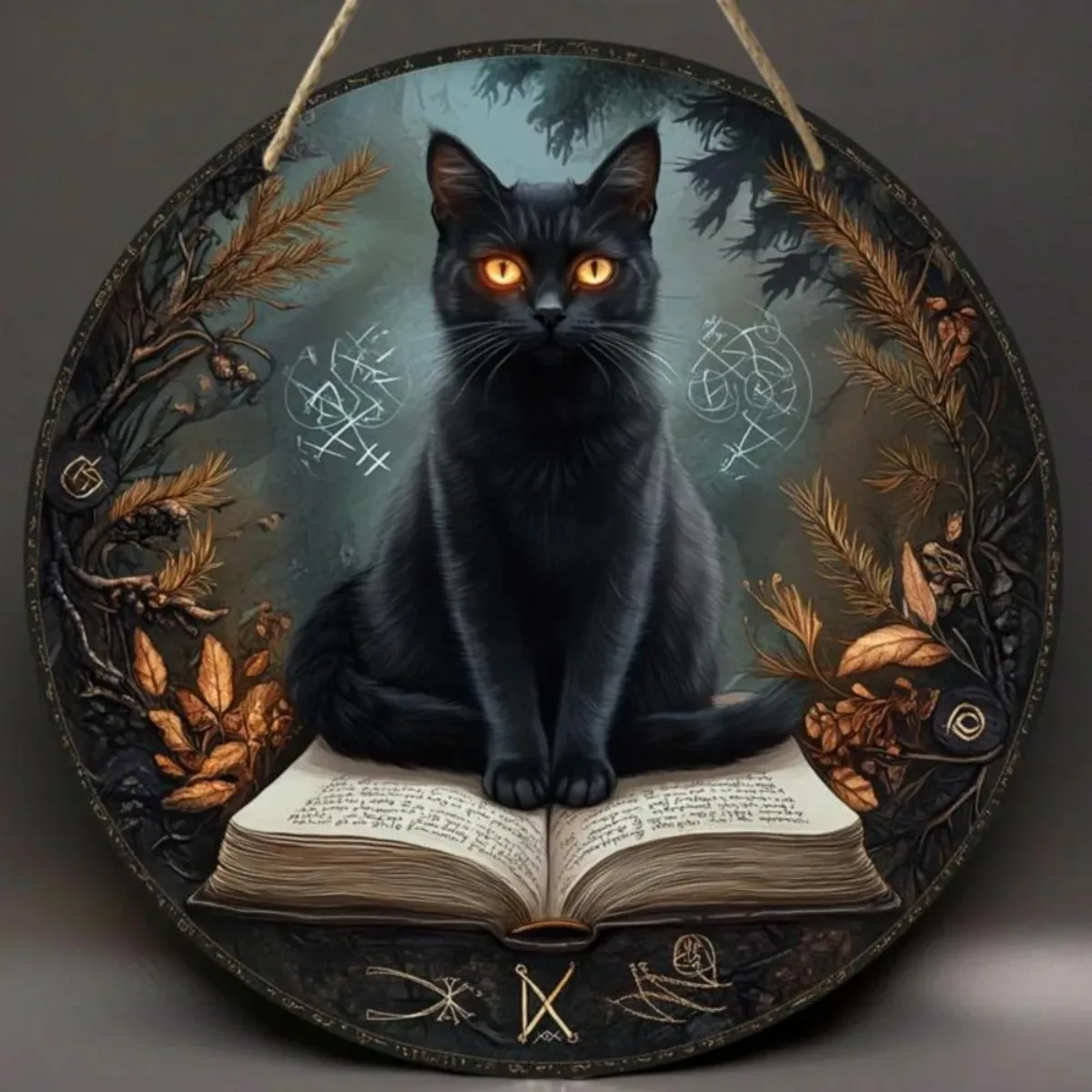 عنوان التجارة الإلكترونية: Universal Cat Round Wall Art - طباعة ثنائية الأبعاد لموضوع القطة السوداء، لا حاجة إلى طاقة، هدية العيد للمنزل