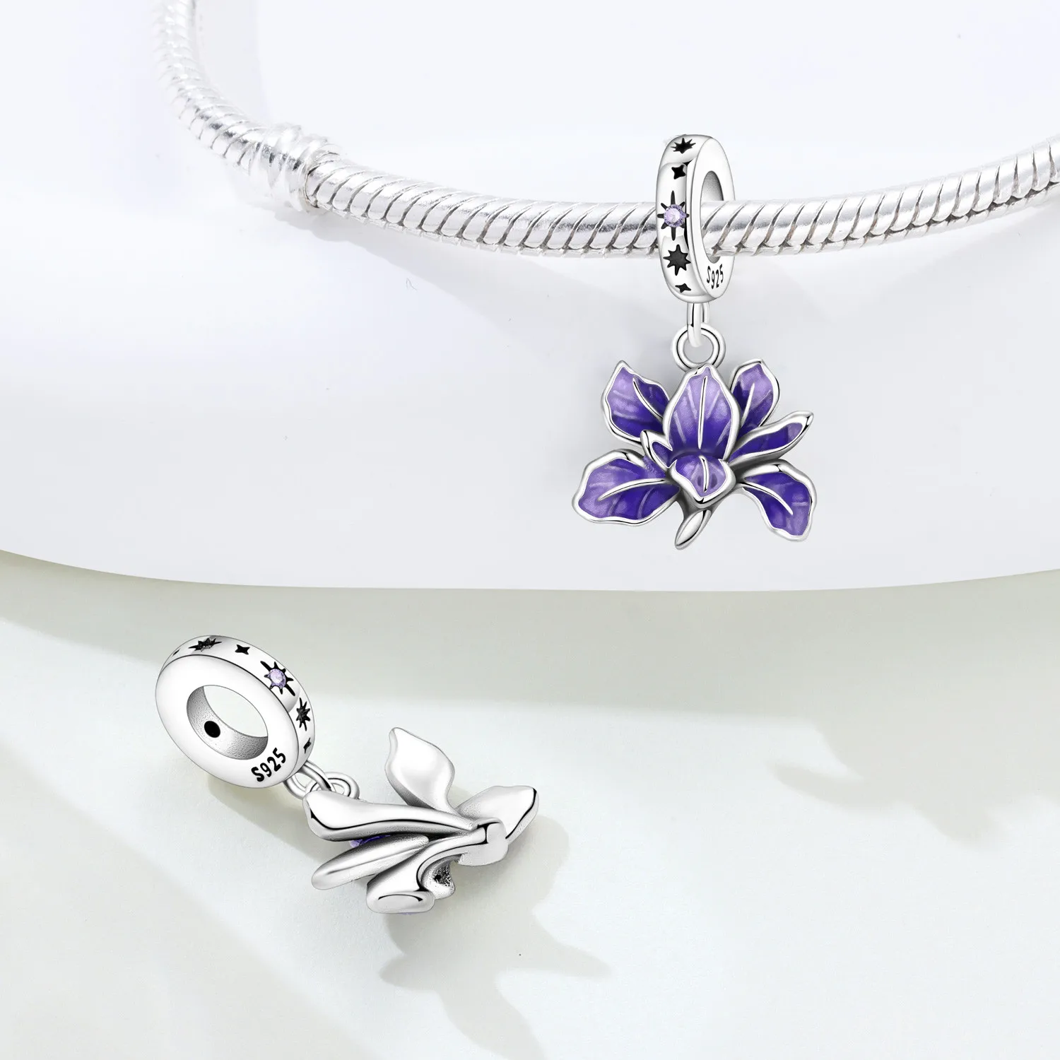 925 Sterling Silver Flowers Plant Elements Blooming Iris Pendant Charms