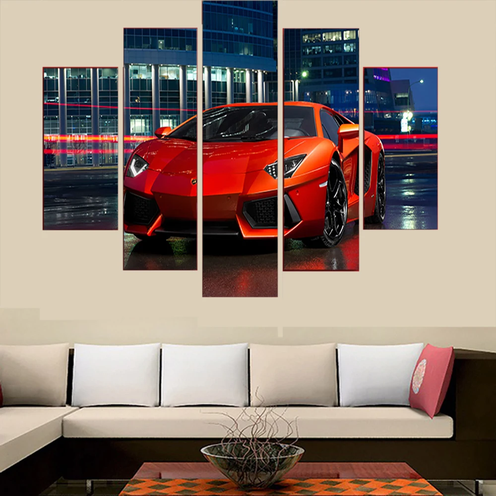 

5 Panels Canvas Wall Arts Poster Painting Red Luxury Sports Car Wallpaper Living Room Modern Home Decoration Bedroom Mural