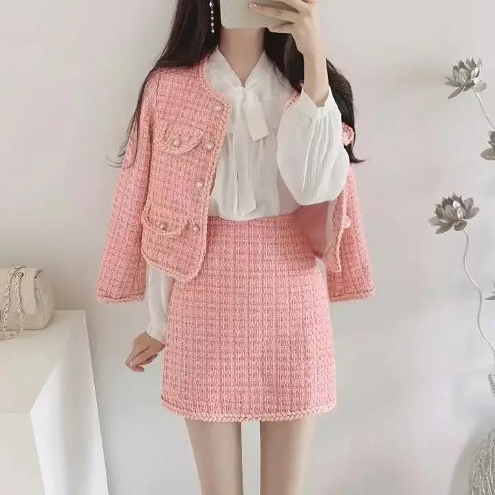 UNXX Korean Version Elegant Set for Women Female Office Lady, Socialite New Stylish Youthful Tweed Jacket + High-waist Skirt