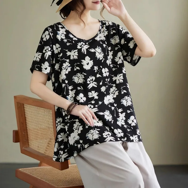 

Women's Floral Print Cotton Blouse Loose V Neck Short Sleeve Plus Size Casual T-Shirt