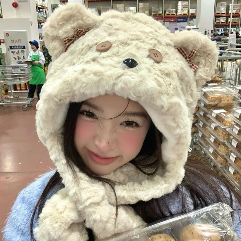 

Cartoon Bear Plush Hat Kawaii Fall/winter Scarves And Hats Thickened Windproof And Warm Christmas Hat Couple's Gifts