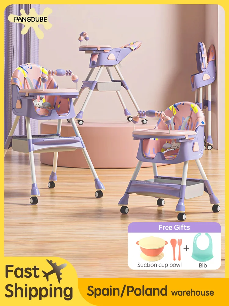 PANGDUBE Reclining Folding Baby Feeding Chair with Wheels Kid High Chair for Feeding Height Adjustable Baby Chair to Eat