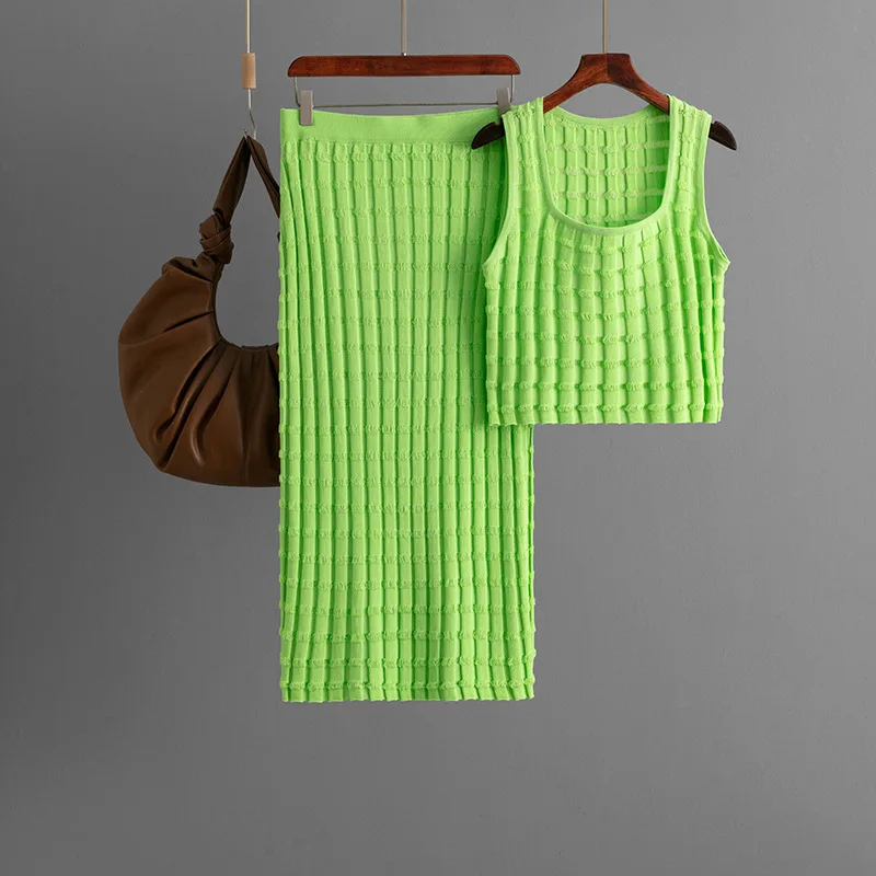 여성용 다목적 민소매 탑 스커트 니트 투피스 세트 여름 패션 단순 스위트 스퀘어 칼라 투피스 레이디 세트 B372