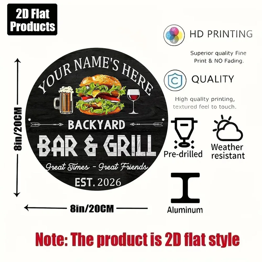 CIFbuy [2D Flat] Custom Backyard Bar&Grill Round Metal Sign,Burger Beer Wine Wall Decor (Only For Decoration)
