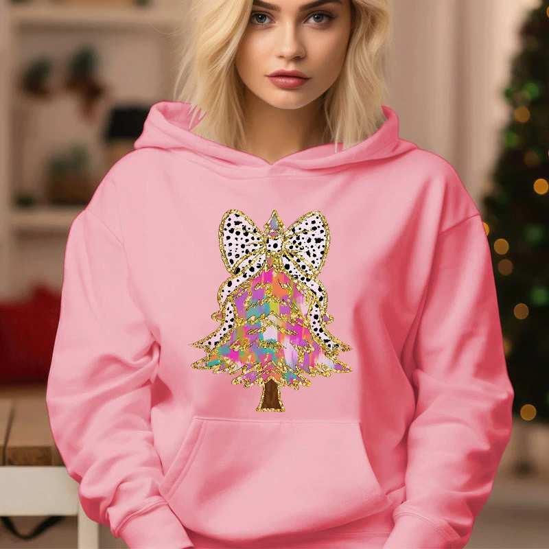 Long Sleeve Pink Hoodies Sweet Christmas Tree Print Funny Tracksuit Women Aesthetics Xmas Tree Hoody Fashion Creative Sweatshirt