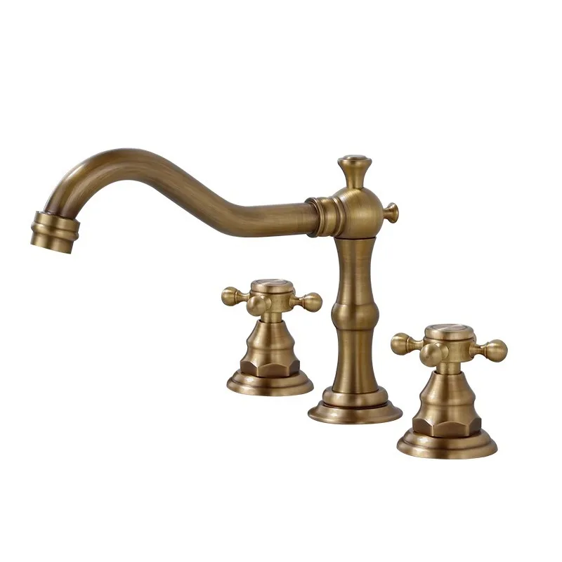 

Antique faucet hot and cold water split basin bathroom cabinet European double handle light luxury three-hole basin faucet brass