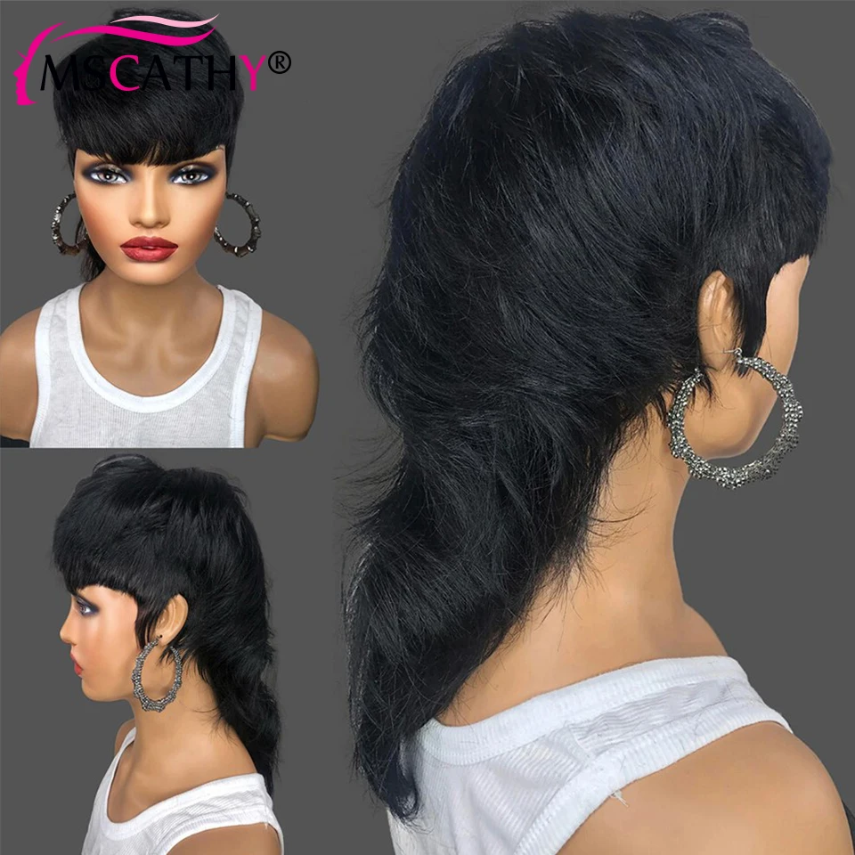 Full Machine Made Dovetail Human Hair Wigs Body Wave Short Pixie Cut Wig With Bangs Glueless Brazilian Remy Hair Wigs For Women