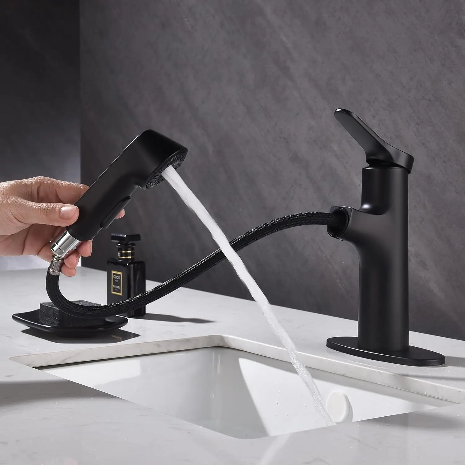 

Bathroom Sink Faucet with Pull Down Sprayer, Single Handle Faucet Fits 1 or 3 Hole Installation, 4" Deck Plate Dual Spray Mode V