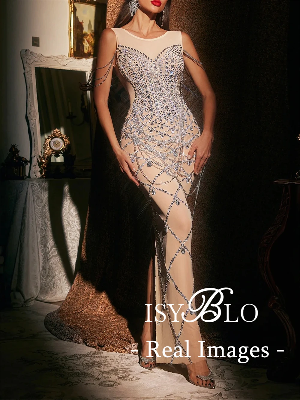

ISYBLO Chain Crystals Evening Dress Tassel Sleeves Sheath Long Prom Dresses Real Images Mermaid Party Gowns