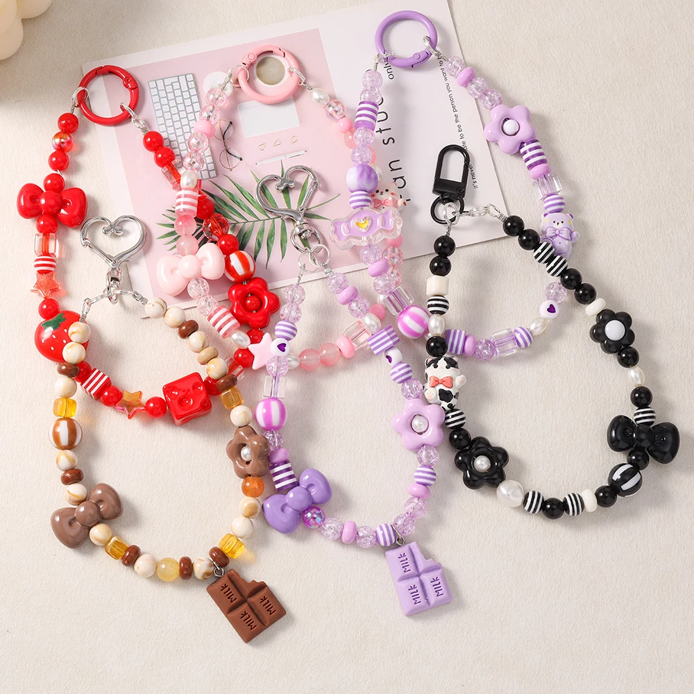 Aihua Handy-Lanyard mit Schleifen-Design, Perlenarmband, Schlüsselanhänger für das Auto, Cartoon-Design, Anti-Verlust-Hängeband, Handgelenksband, Geschenk für Frauen – Detail 1