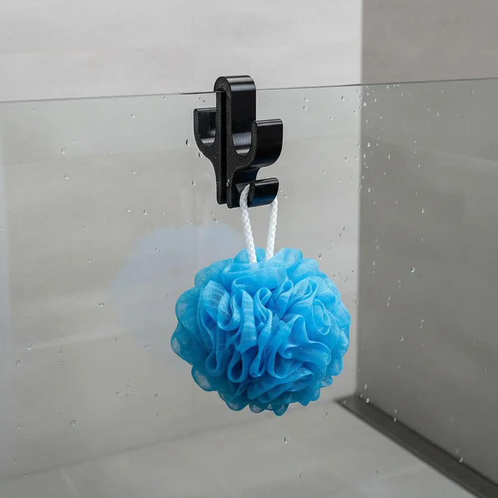 Bohrfreie Duschvorhanghaken aus schwarzem Kunststoff – Handtuchhaken für Glasduschtüren, Badezimmer-Organizer für Handtücher, Badeschwämme und Bademäntel – Detail 4