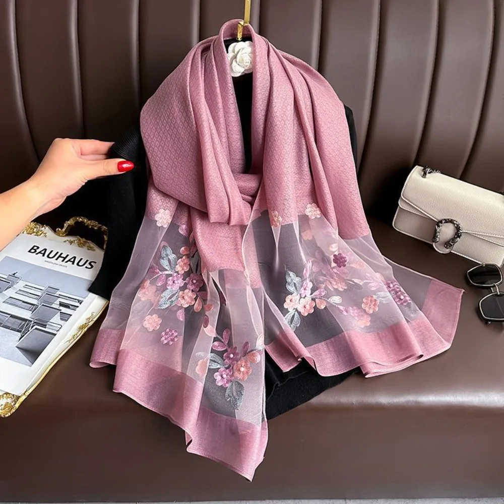 

Elegant Soft Thin Luxury Silk Scarf Large Foulard Women Hijab Shawls Flower Embroidery Wraps Shiny Lace Scarf Female