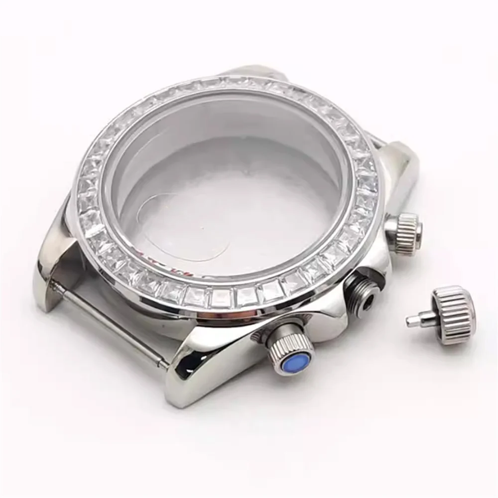 

1pc 40mm Modifying Silver Watch Case Sapphire Crystal Stone Bezel Fit For 29.5-32.5MM Dial Watch Parts for VK63/ VK64 Movement
