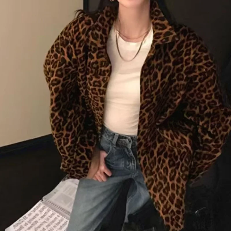 Korean Winter Women Shirts And Blouses Trend Jacket Chic Leopard Loose Blouses Retro Top Streetwear Vintage Casual Coat New Top