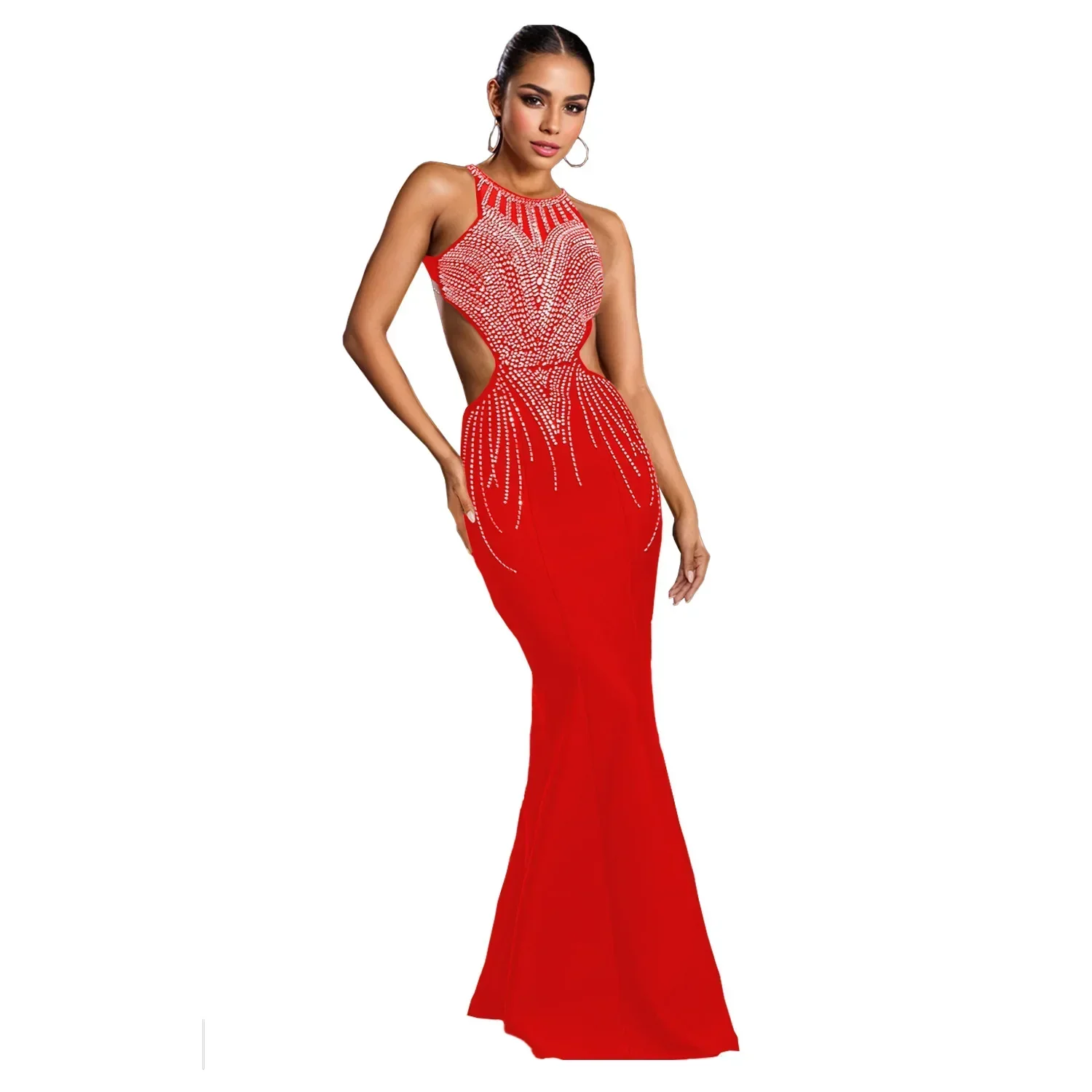 2024 Autunno Diamanti Strass Caldi Donne Senza Maniche Sirena Abito Lungo Backless Festa di Compleanno Serata Prom Maxi Abiti