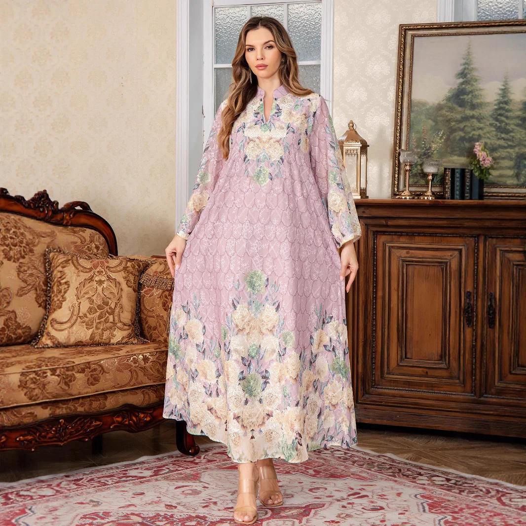 

Elegant Middle Eastern Printed Embroidered Abaya Middle Eastern Evening Dress Dubai Turkey Abaya Ladies Light Luxury Long Robe