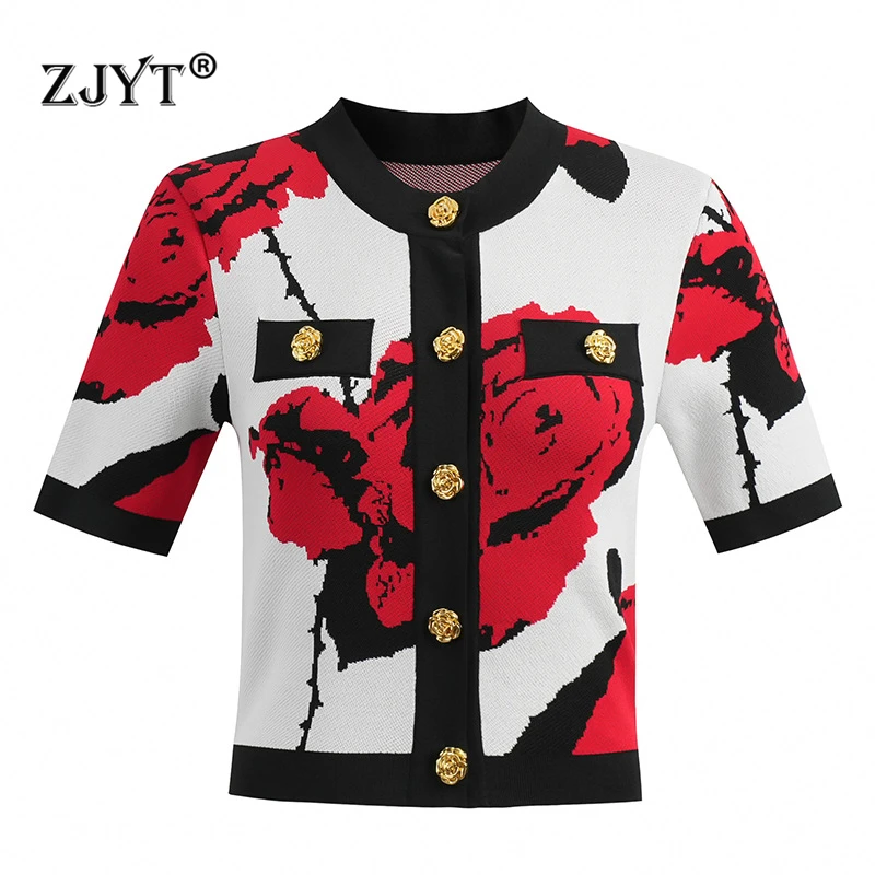 ZJYT Women\'s Foral Print Cardigan Sweaters Short Sleeve Knitting Tops Skirts Female Fashion Suits Knitwears Jersey Mujer 2024