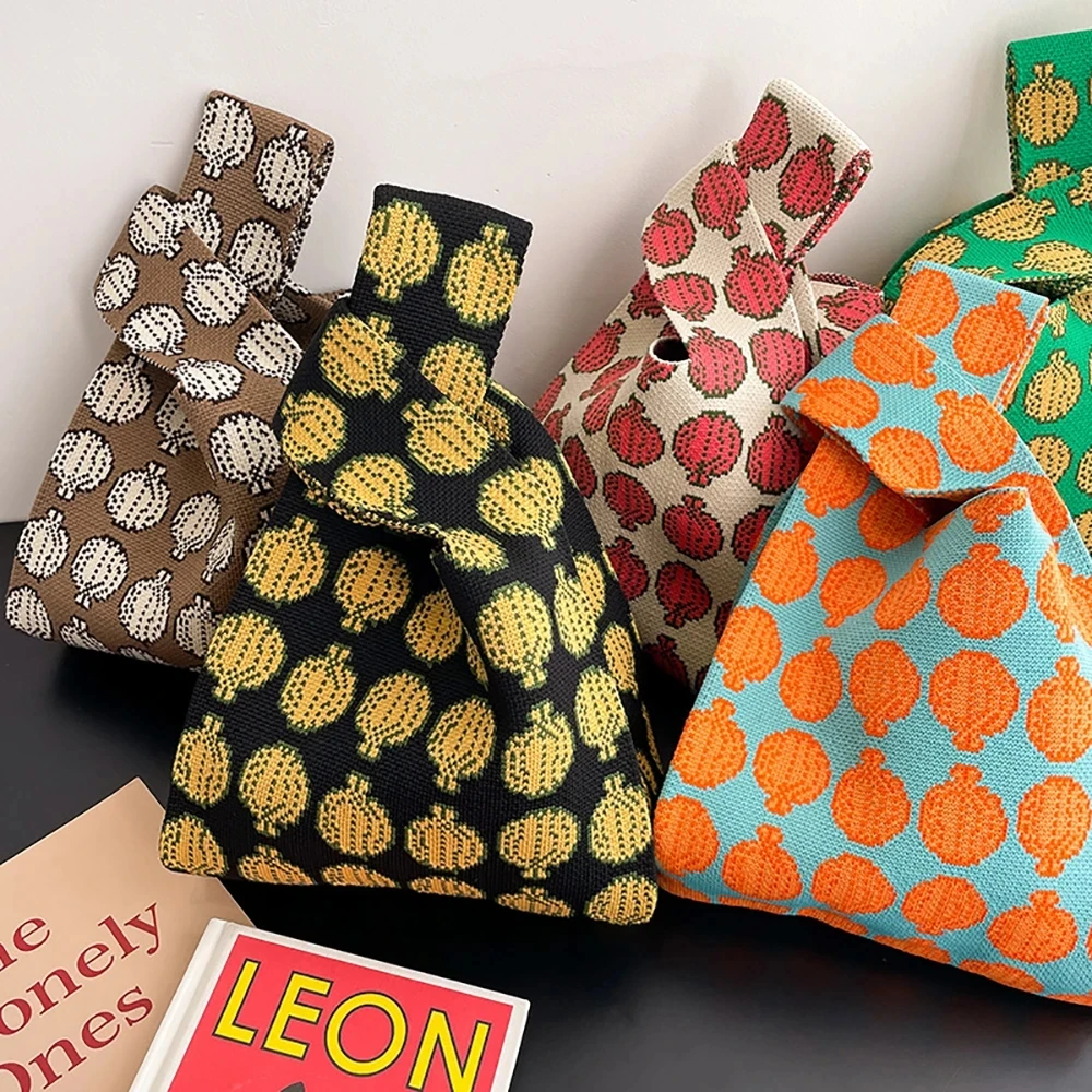 

Handmade Knit Handbag Women Mini Knot Wrist-bag Female Casual Color Wide Stripe Plaid Tote Bag Student Reusable Shopping Bag