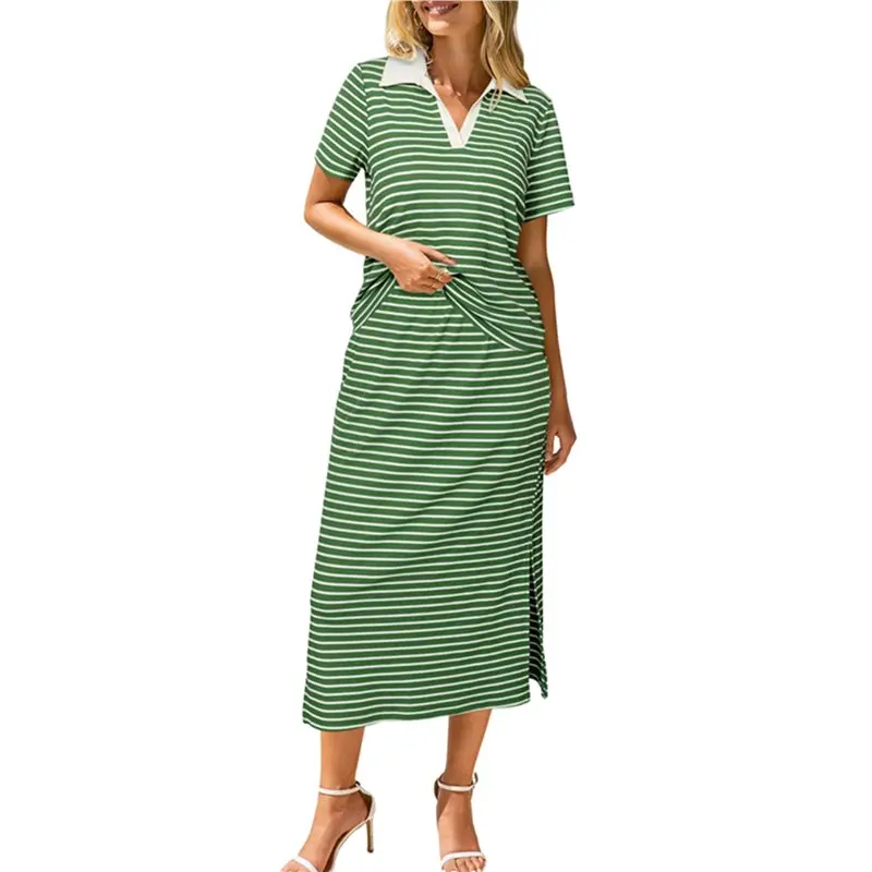 

CYL-Women's Skirt Sets 2 Piece Outfits Summer Casual Striped Short Sleeve Skirt And Top Set