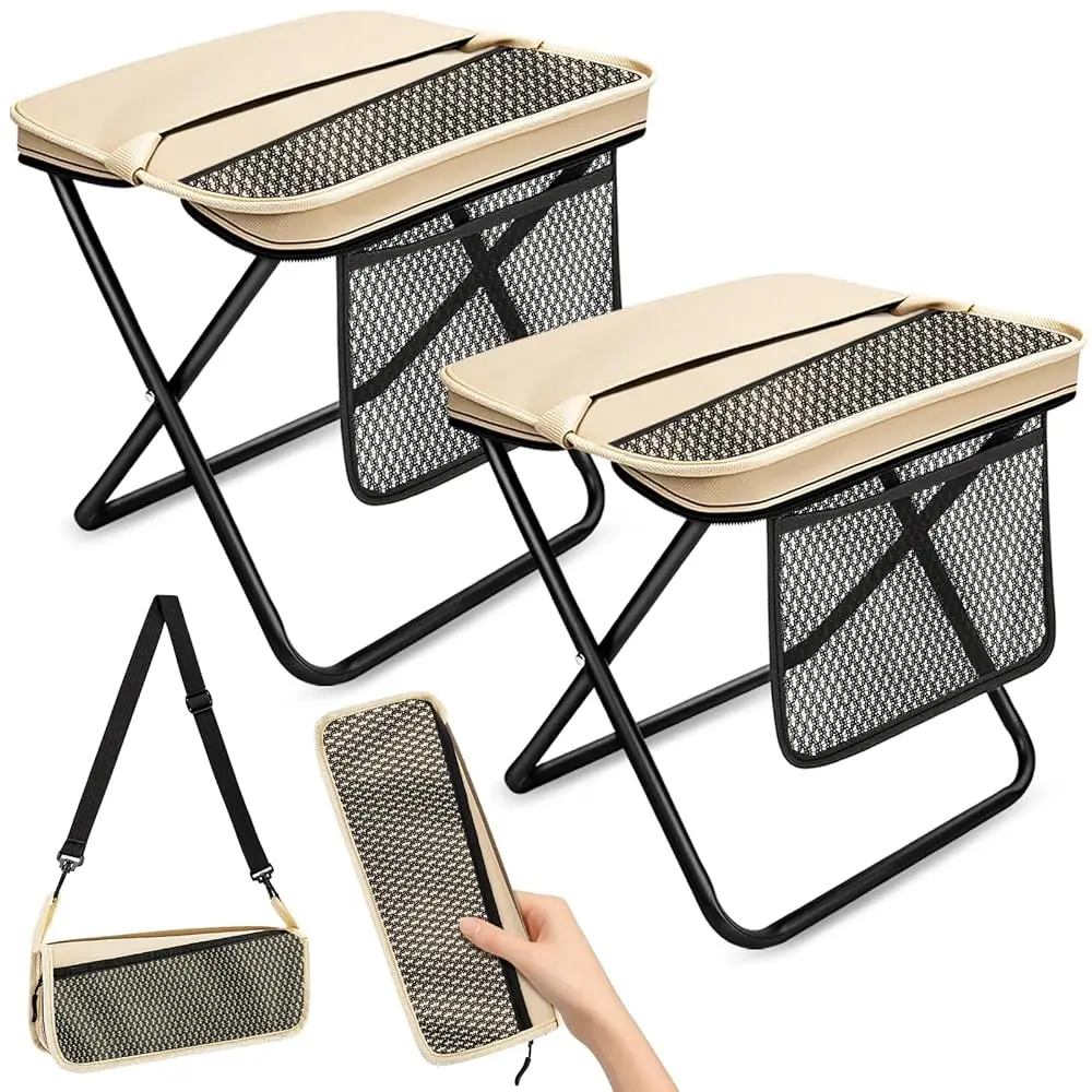 

Набор из 2 портативных стульев XL для взрослых, складной стул-табурет с широким сиденьем 14,2 дюйма и карманом, удобный для коленей, складной стул-рюкзак