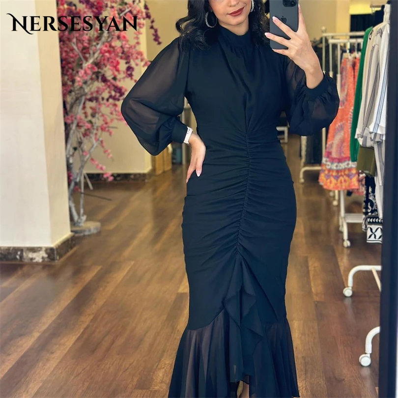 

Nersesyan Black Chiffon Pleats Mermaid Party Dress High Neck Long Sleeves Evening Gowns Ruffles Ankle-Length Vestidos De Fiesta