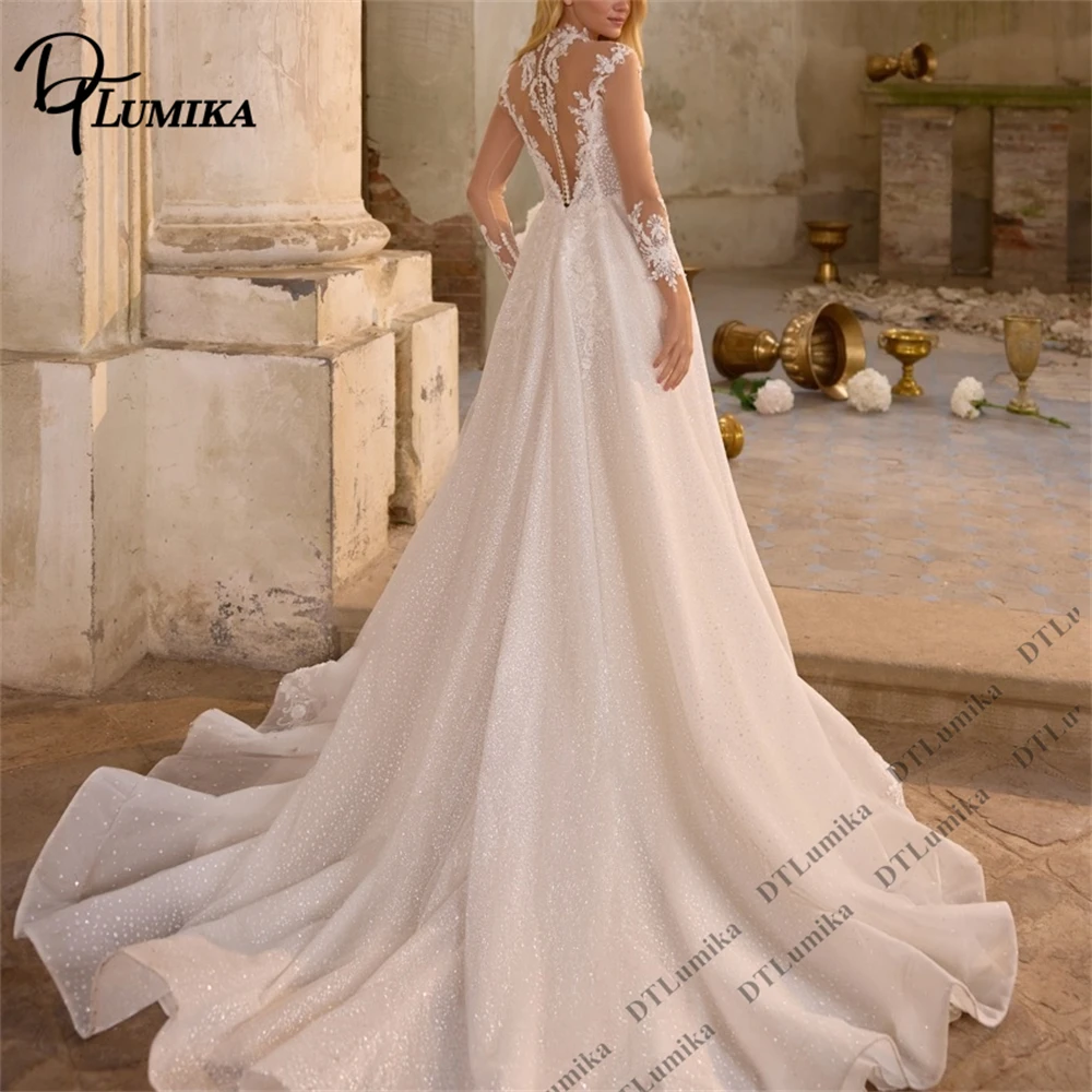 DTLumika Sheer Back  A Line Lace Wedding Dress for Women, Customized Long Tulle Bride Dresses Button Closure Plus Bridal Gown