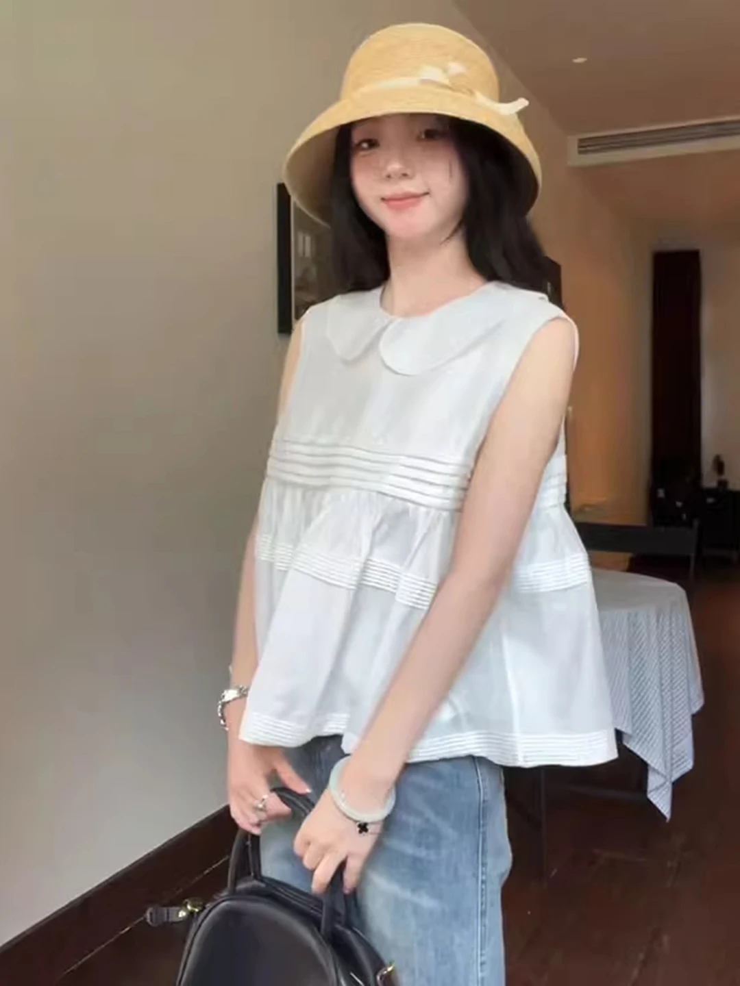 Sweet Doll Kraag Svel irt Dames Zomer 2025, Nieuw ontwerp Veelzijdige top Trendy woon-werkverkeer Sle Loose Fit Kleur