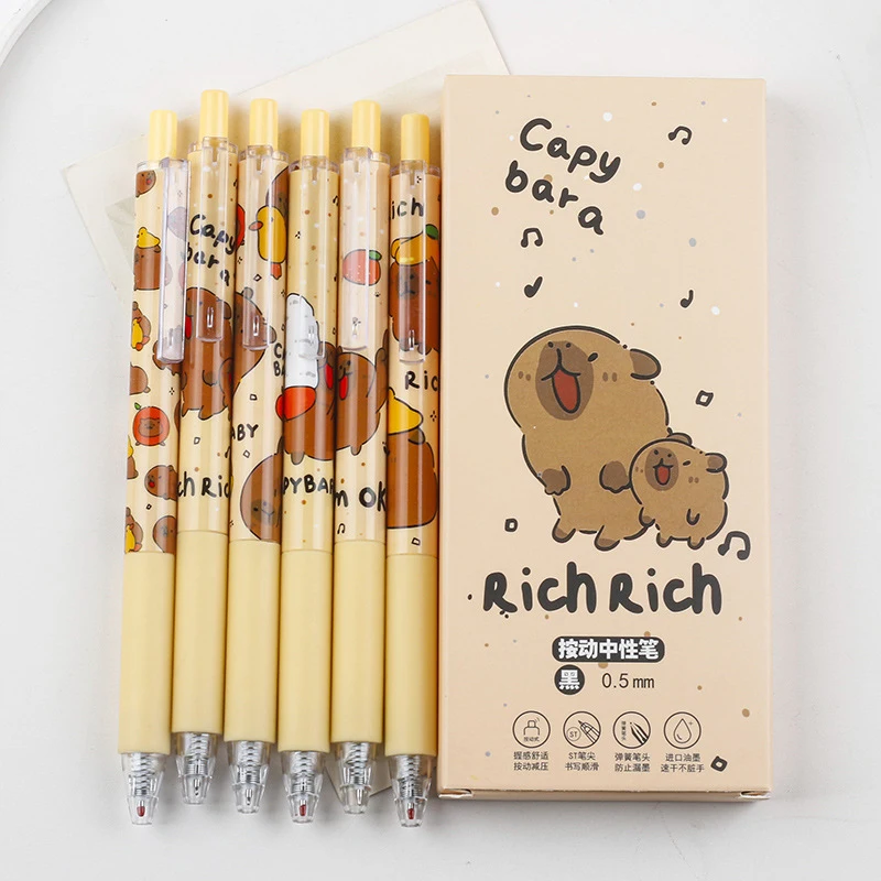 6Pcs Kawaii Capybara Gel Pen Quick-Drying Writing Smooth Pressing Pens School Supplies Aesthetic Pens Cute Student Stationery