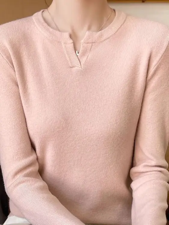 

Autumn Winter Women's Wool Knitted Long Sve V-Ne Slim Fit Base irt Inner Wear Soft Pure Color Commute Sle Knitwear