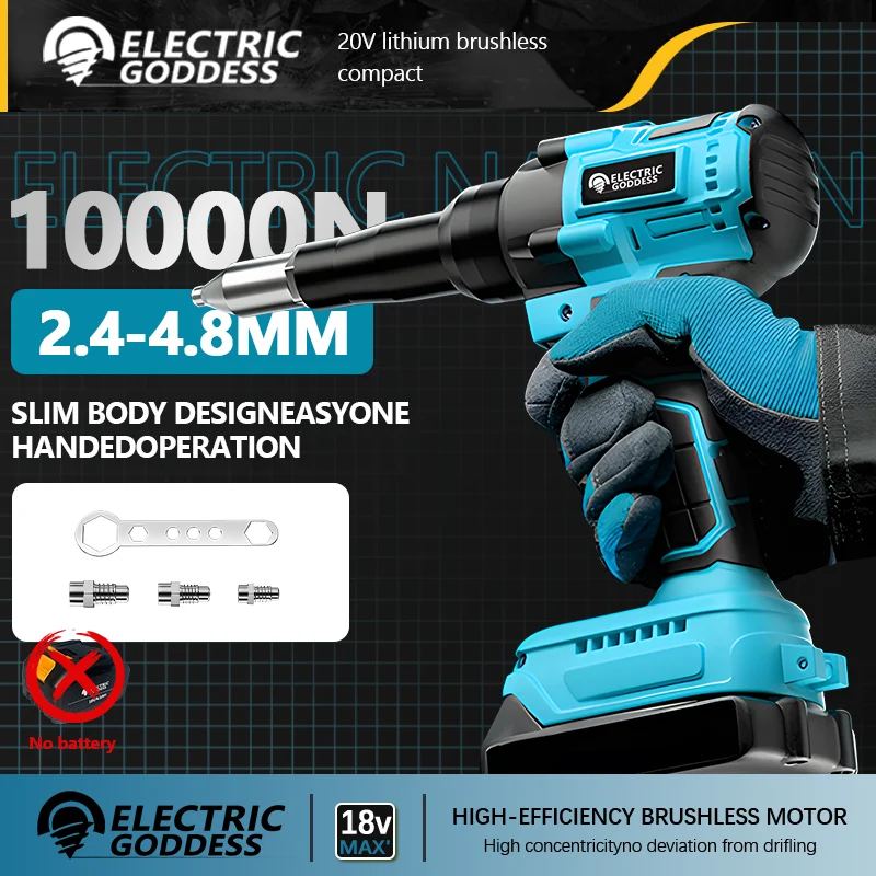 

Electric Goddess 10000N Brushless Electric Rivet Gun 2.4~4.8mm Rechargeable Nailing Assembly Power Tools For Makita 18V Battery