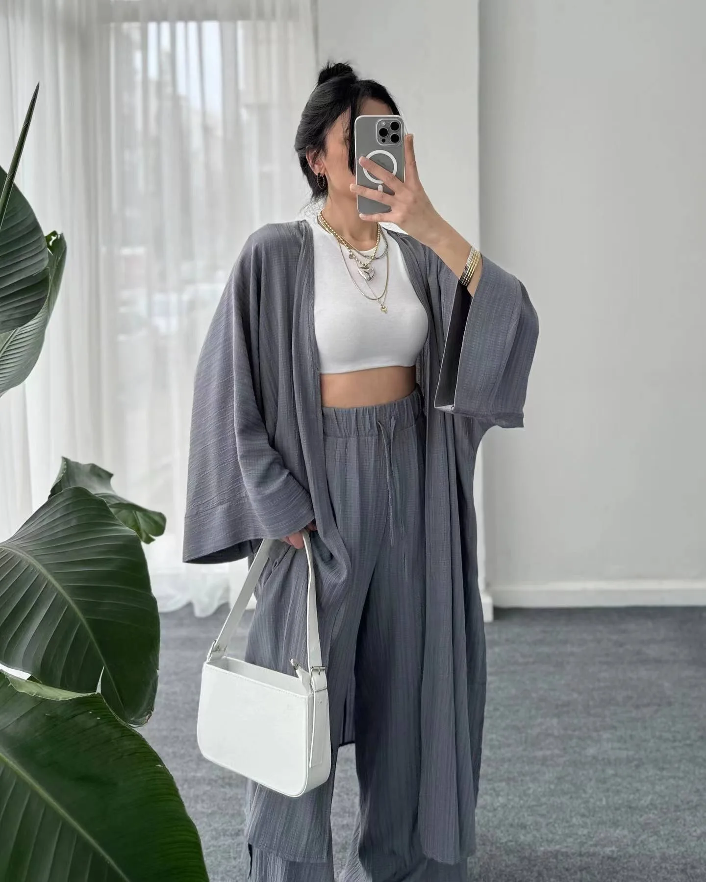 Autumn Fashion Loose Two Piece Set Women Muslim Pleated Texture Long Cardigan Top + Casual Wide Leg Pants 2 Piece Suit Women's