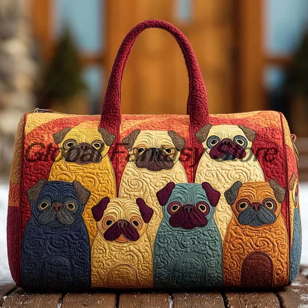 Chonkster Pug Quilted Duffle Bag Dog Lover Cartoon Print Travel Tote Handbag Women Men Weekender Bag