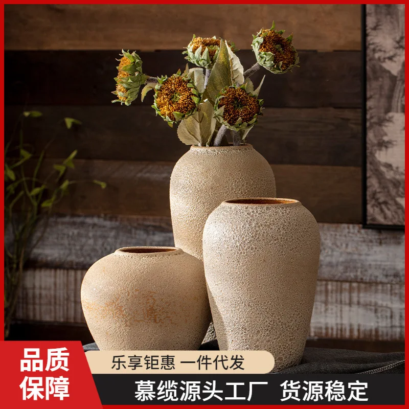 Jingdezhen floor to ceiling ceramic large vase, retro and nostalgic, handcrafted rough pottery jar, living room,