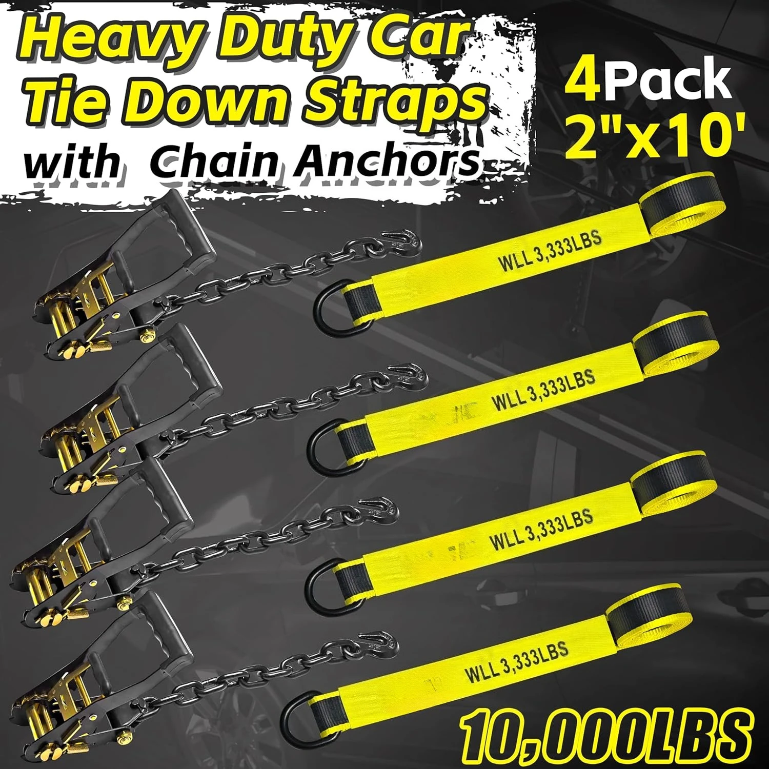 

4 Pack Reflective Car Tie Down Straps for Trailers - Tire Ratchet Strap with Chain Anchors -10,000LBS Break Strength -Hot Sale