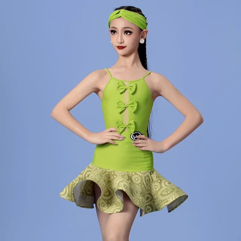 เสื้อผ้าฝึกซ้อมเต้นละตินสไตล์ใหม่ ชุดฝึกซ้อมเต้นเด็กหญิงและเด็ก ชุดแข่งขันประสิทธิภาพเชือกแขวนคอฤดูร้อน