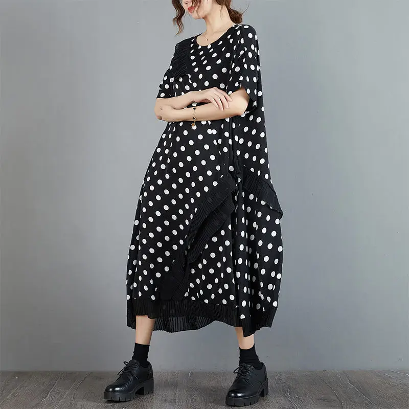 Vintage Stijl Panel Lace Dot Gedrukt Lange Jurk 2023 Zomer Nieuwe Losse Slanke Zwarte Jurk Korte Mouw Vrouwen Casual Kleding z837