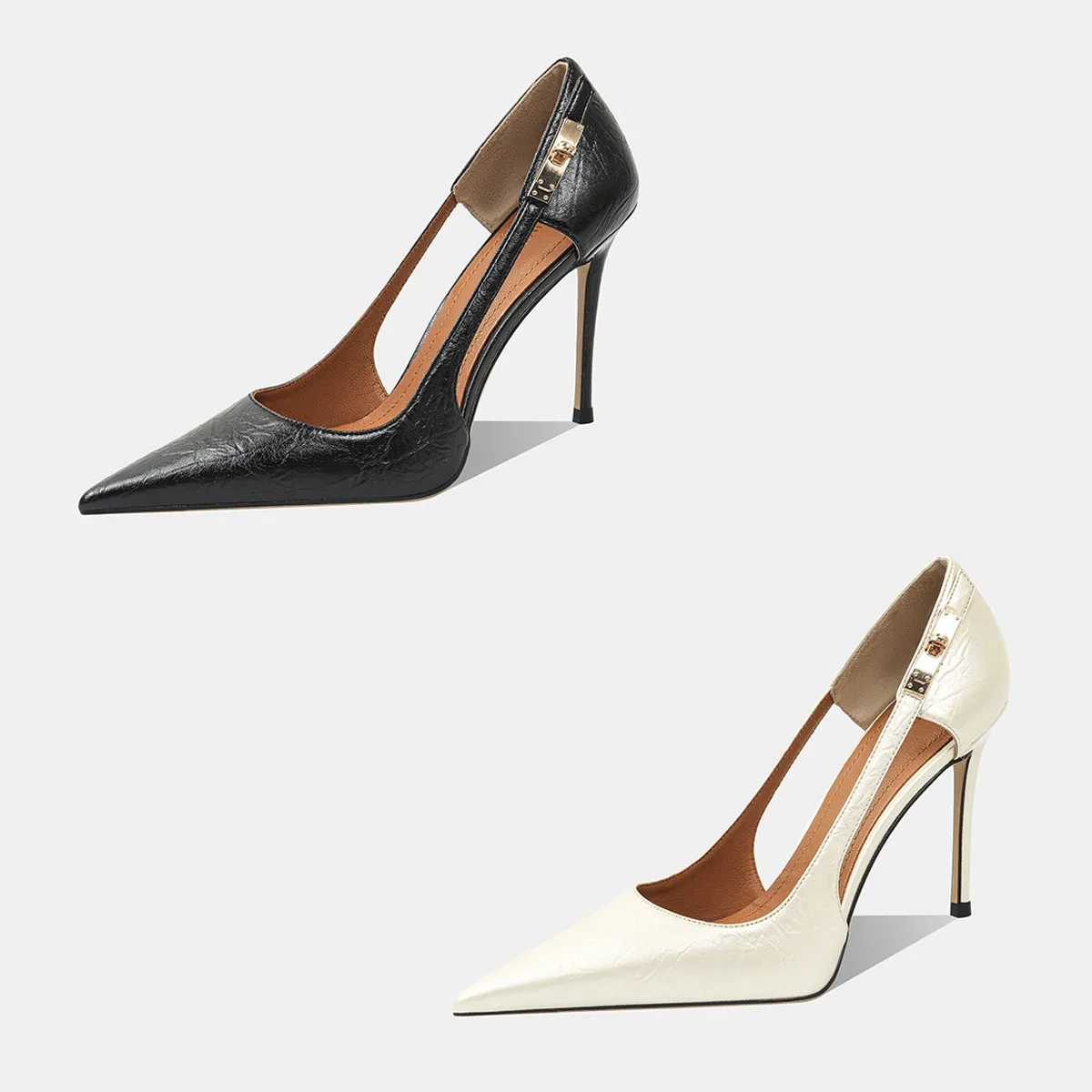 Autumn new pointed shallow mouth leather hollow rivet single shoes, commuting banquet small size slim heel high heels women's sh