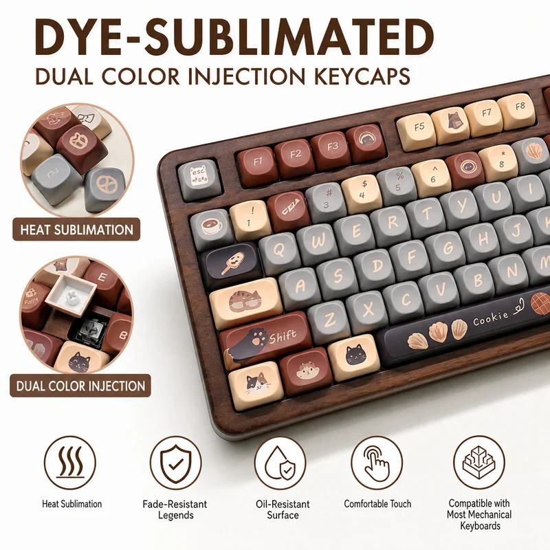 Coffee Cat Cute Keycaps,138 Full Set MOA Profile Doubleshot Custom PBT Key Cap For MX Mechanical Keyboards 60% 75% 80% 96% 100%