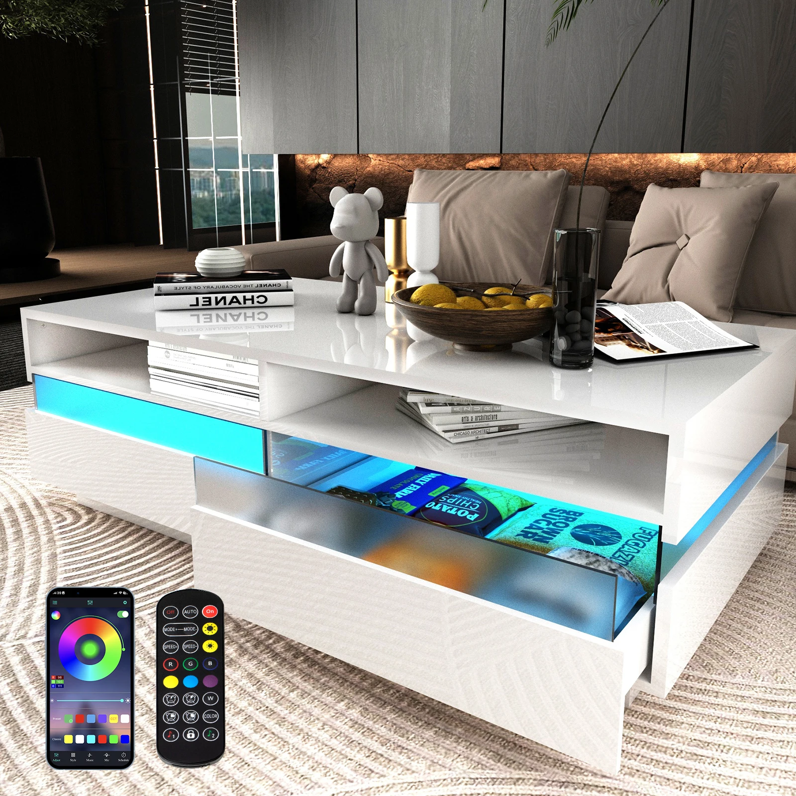 Modern LED Coffee Table w/ 2 Storage Drawers,Open Display Shelf, High Glossy 2-Tier Rectangle Center Table for Living Room