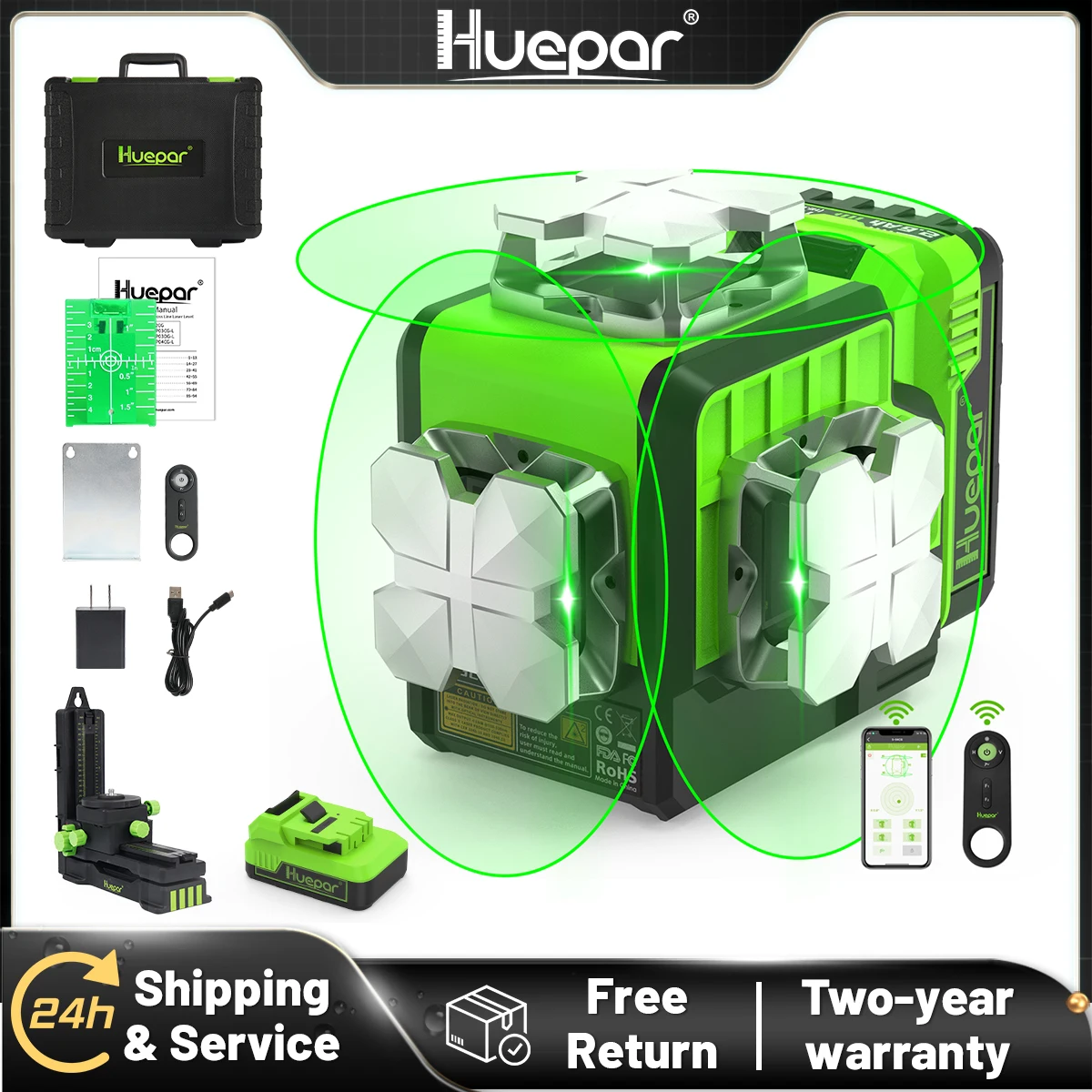 Huepar 3D Cross Line Laser Level Outdoor Self-leveling With Bluetooth & Remote Control Function, li-ion Battery& Hard Carry Case