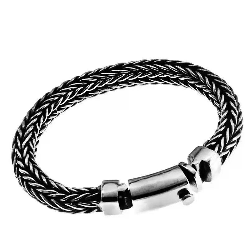 S925 Sterling silver vintage pure hand-woven twist thick keel men's and women's bracelet personality jewelry