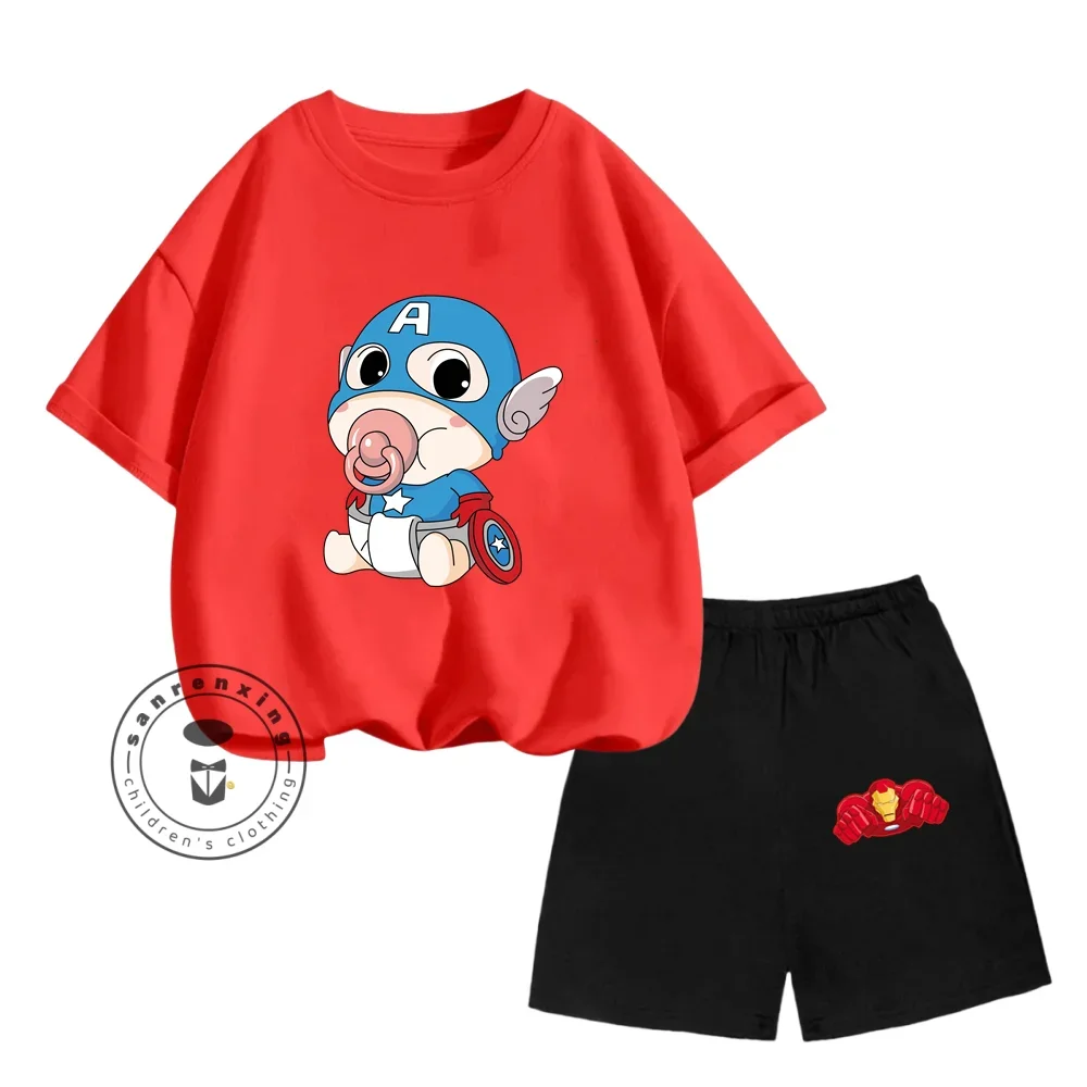

Q-Edition Avenger Animated Cartoon Print Design O-neck Light Short Sleeve and Stretch Waist Shorts Children Summer Two-piece Set