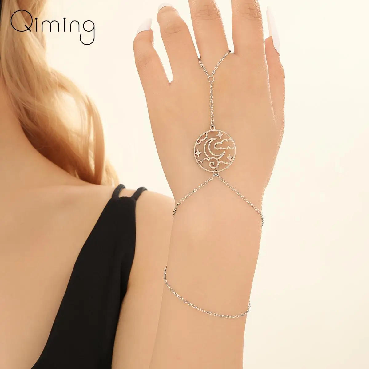 Bohemia Crescent Moon Cloud Chain Bracelet Finger Ring For Women Laying Chains Hand Harness Jewelry Gift