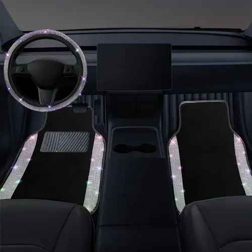 

NBTEPEM Bling Car Floor Mats & Steering Wheel Cover Set – Universal Sparkle Glitter Diamond Carpet, 5-Piece Multicolor Car Acces