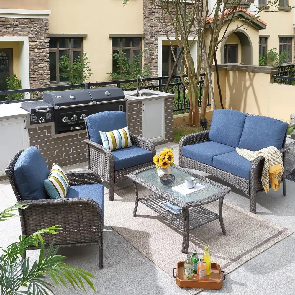 

4PCS Patio Furniture Set with Coffee Table- All Weather Wicker Patio Seating, Rattan Sectional Sofa and Chairs Set,Outdoor